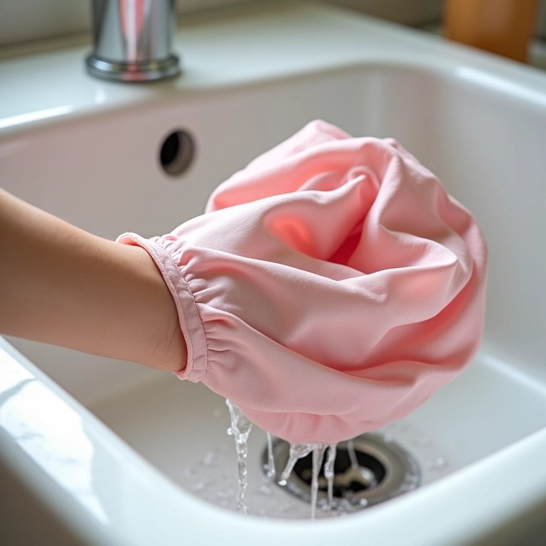 Lavando a touca de cetim à mão.