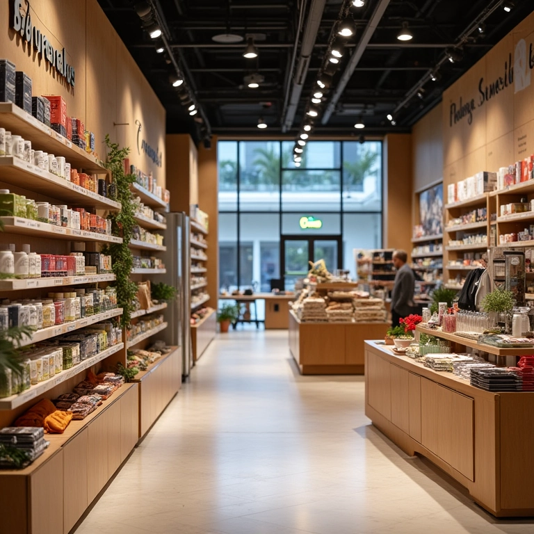 Layout inteligente de loja com espaço aberto e produtos bem posicionados.