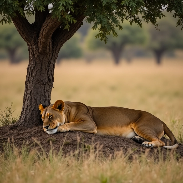 Leão dormindo sob uma árvore na savana africana.