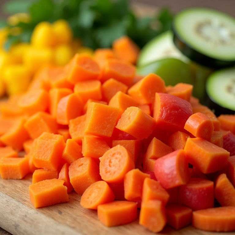 Legumes coloridos cortados em tamanhos uniformes em uma tábua de madeira.