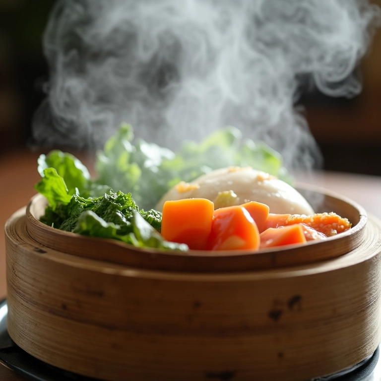 Legumes cozinhando no vapor em um cesto de bambu sobre uma panela.