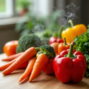 Legumes frescos e coloridos cozidos no vapor, prontos para uma refeição saudável.