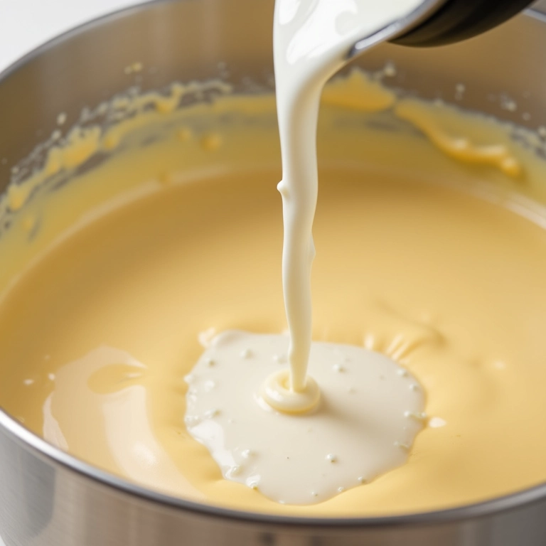 Leite sendo adicionado à massa do bolo, destacando a umidade.