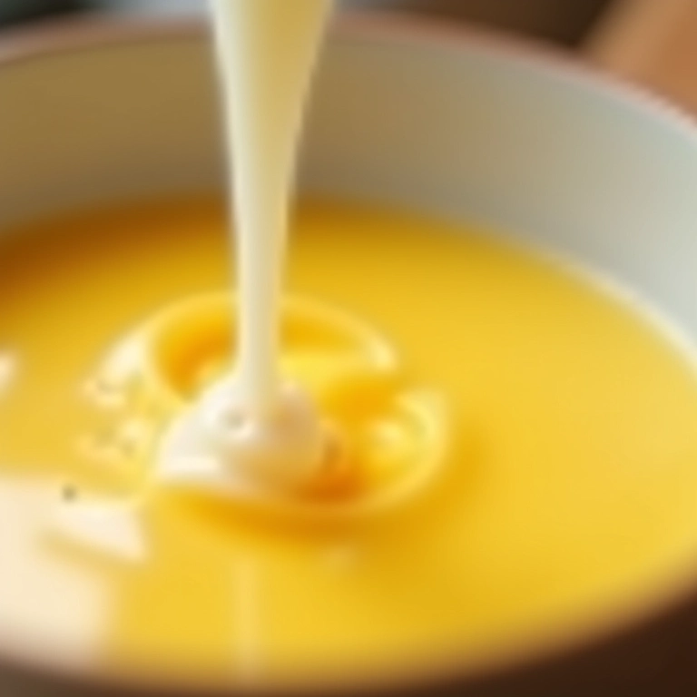 Leite sendo adicionado aos ovos batidos.