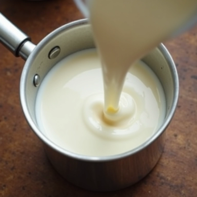Leite sendo derramado em uma panela para o preparo do molho branco.