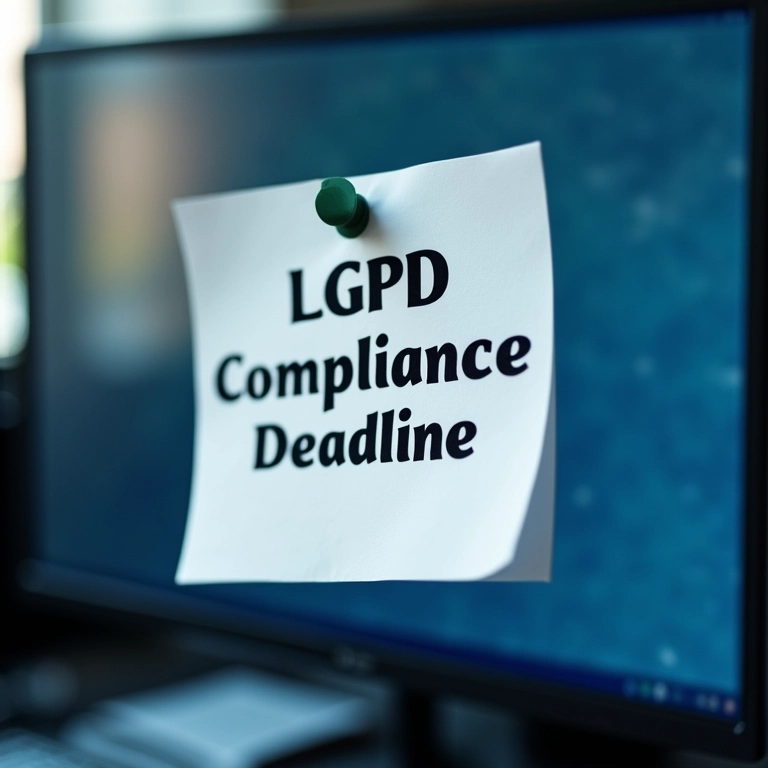 Lembrete colado em um monitor: 'Prazo de Conformidade com a LGPD'.