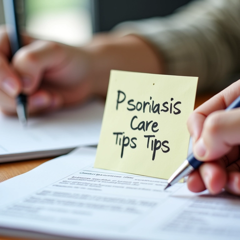 Lembrete com dicas de cuidados para psoríase, escrito à mão.