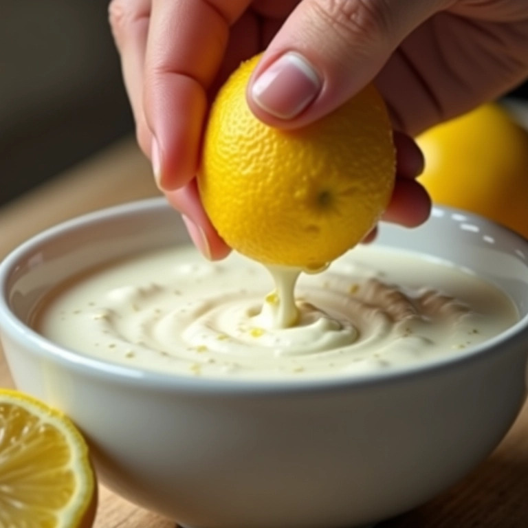 Limão sendo espremido no molho de iogurte.