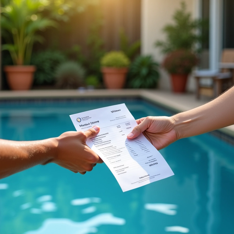 Limpador de piscina entregando nota fiscal para cliente.