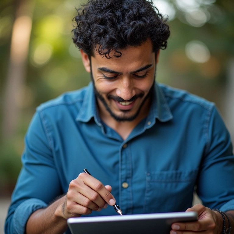 Limpador de piscina pesquisando o CNAE correto para MEI em um tablet.