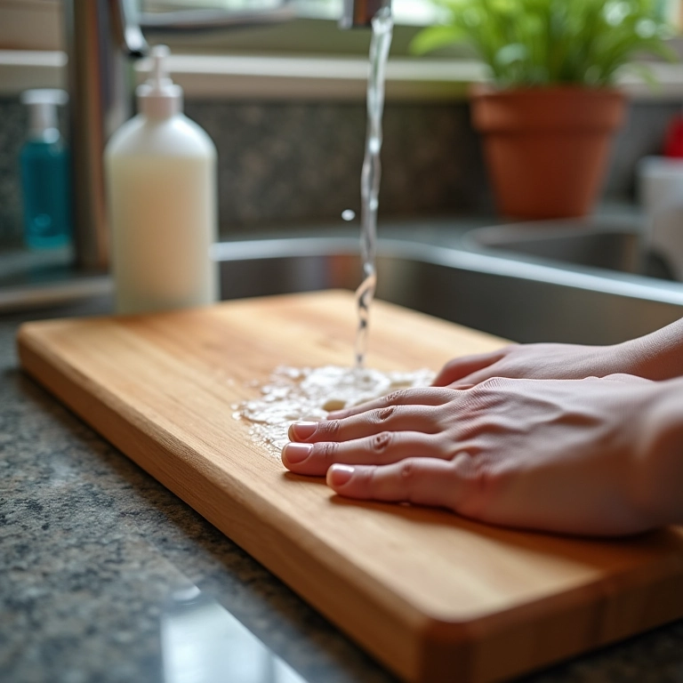 Limpeza e higienização da tábua de corte.