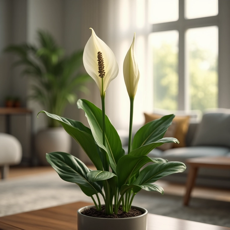 Lírio da paz em sala de estar moderna, simbolizando harmonia e purificação.