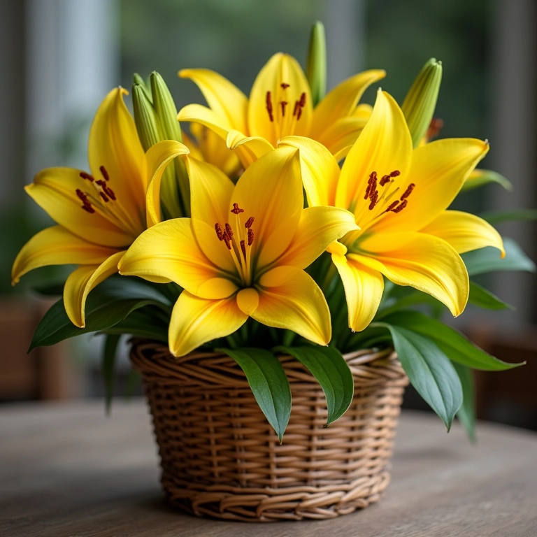 Lírios amarelos arranjados em uma cesta decorativa de vime.