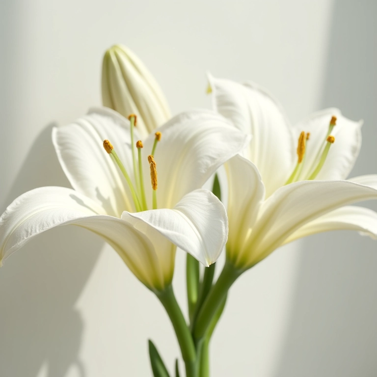 Lírios artificiais puros em um apartamento minimalista brasileiro.