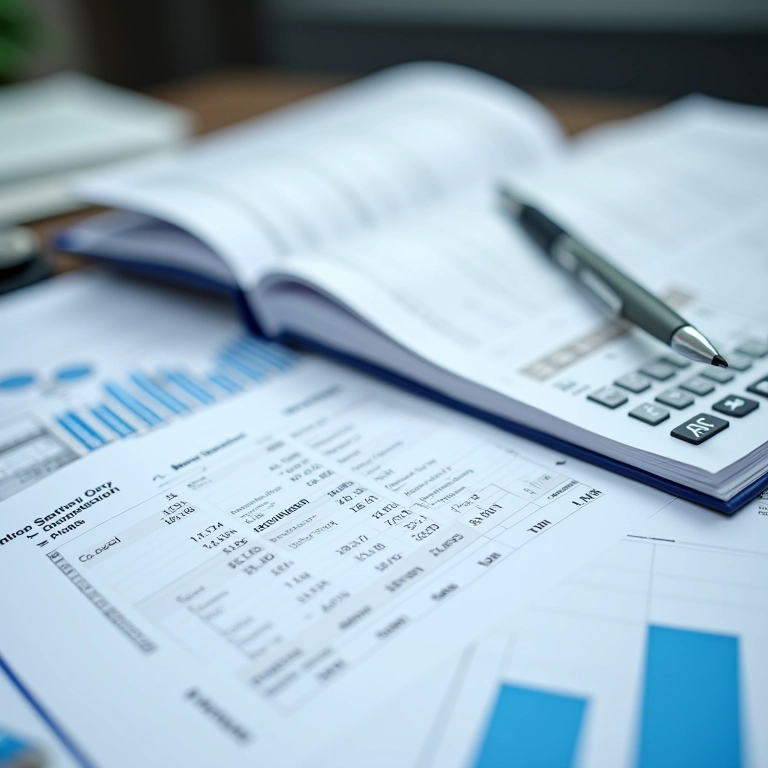 Livro aberto sobre demonstrações financeiras com calculadora e caneta.