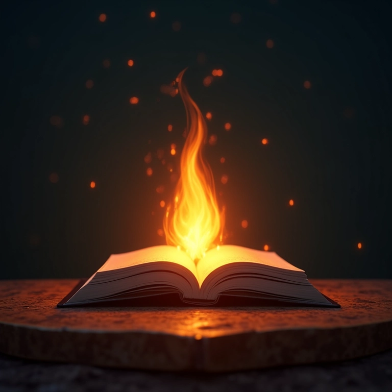Livros e uma fogueira brilhante simbolizando conhecimento e descoberta.