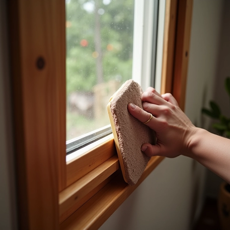 Lixando janela de madeira para um acabamento liso.