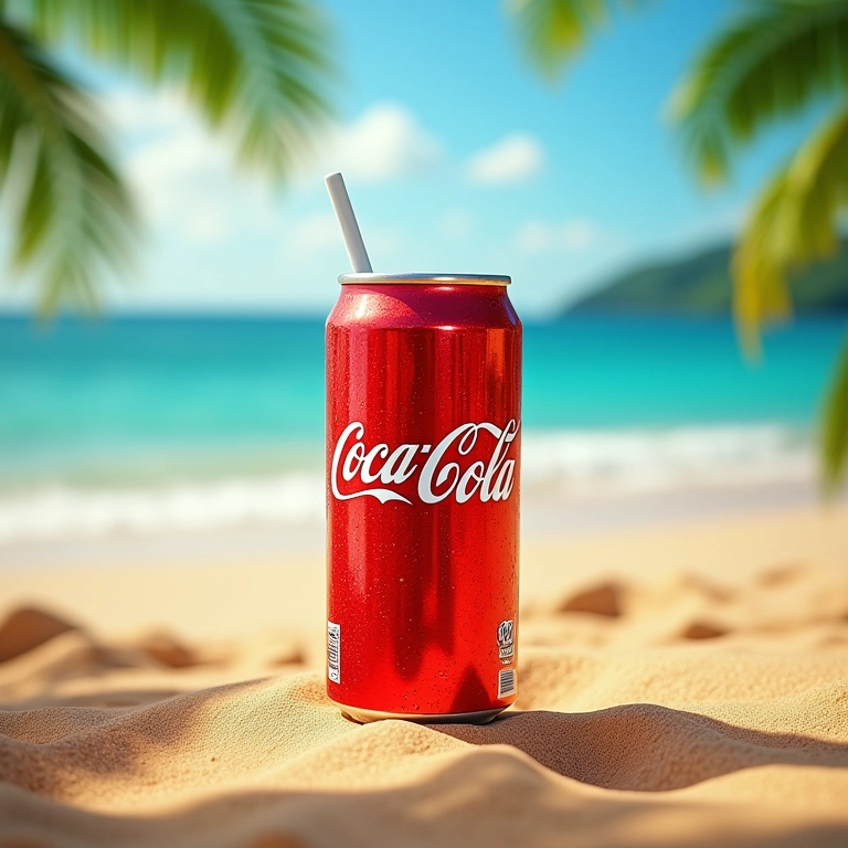 Logo da Coca-Cola integrado em uma cena de praia brasileira.