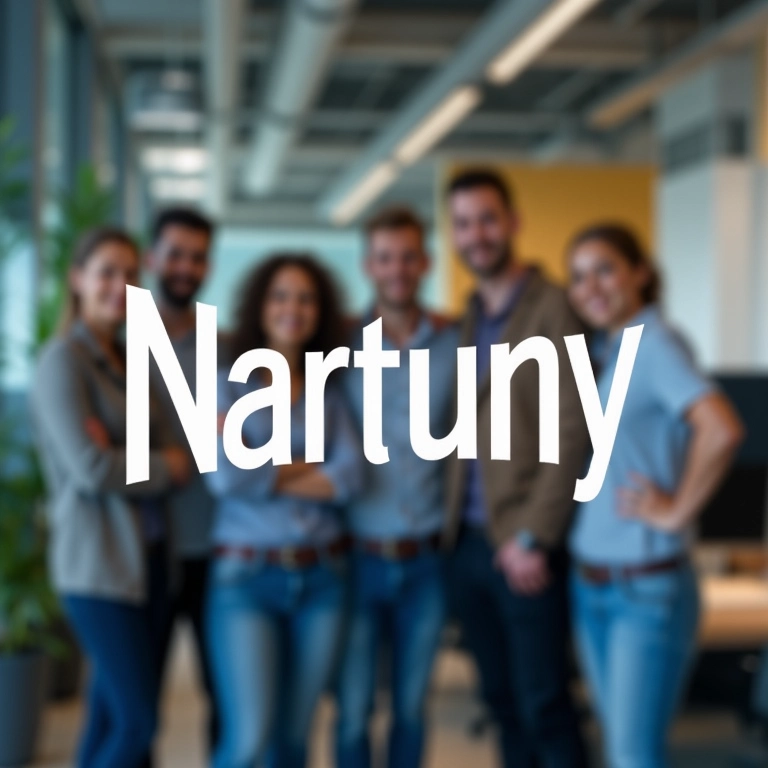 Logo da empresa com equipe diversa ao fundo, fortalecendo a imagem.