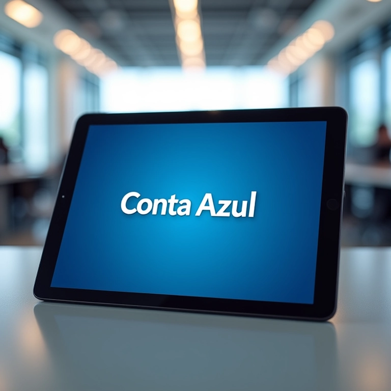 Logo do Conta Azul exibido em tablet em ambiente de escritório.
