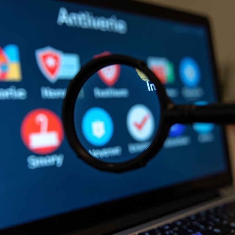 Logotipos de diversos softwares antivírus em tela de laptop.