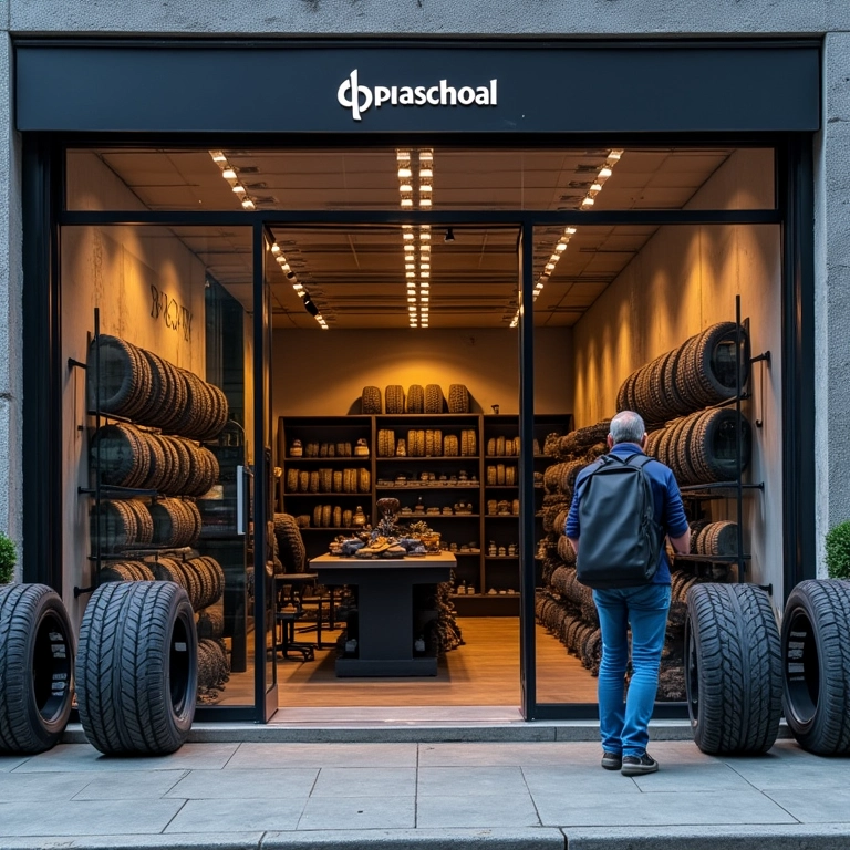 Loja da DPaschoal com pneus em exibição.