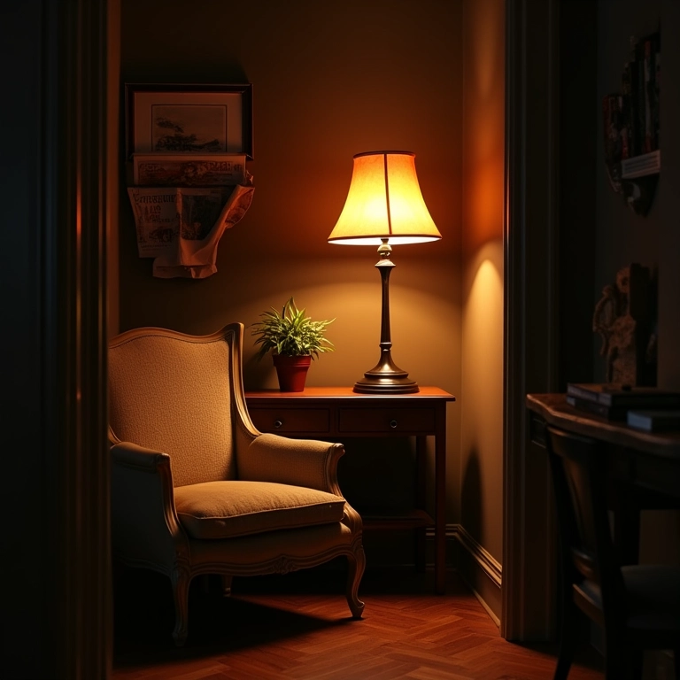 Luminárias retrô iluminando um canto de leitura aconchegante com poltrona vintage.