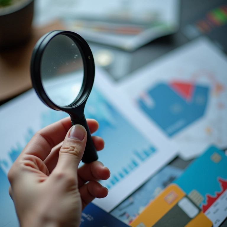 Lupa examinando cartões de crédito, representando a análise dos critérios para escolher o melhor cartão de milhas.