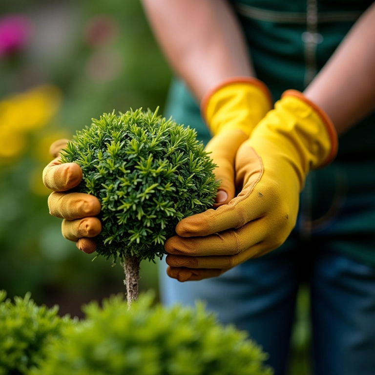 Luvas de jardinagem protegendo as mãos ao trabalhar com topiaria.