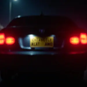 Luz da placa queimada em um carro à noite.