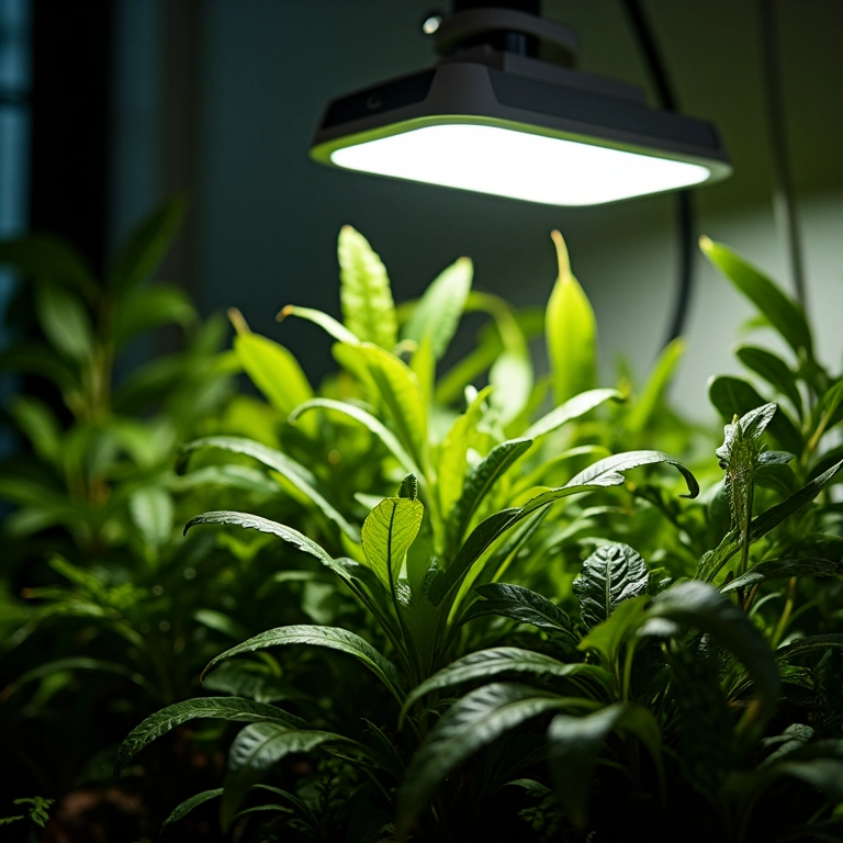 Luz de crescimento iluminando uma coleção de plantas carnívoras.