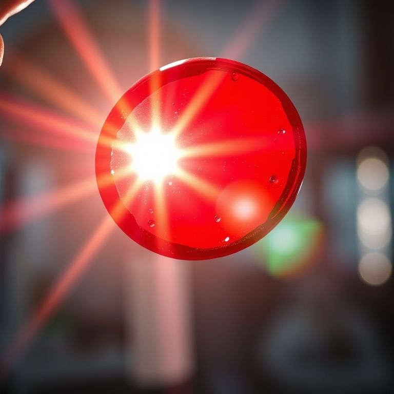 Luz solar brilhando através de amostra de sangue, criando brilho vermelho.