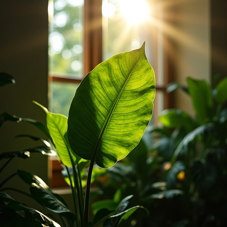 Luz solar destacando uma planta Monstera Deliciosa.