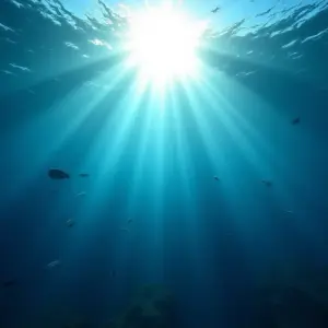 Luz solar filtrando na água do mar, criando diferentes tons de azul e verde.