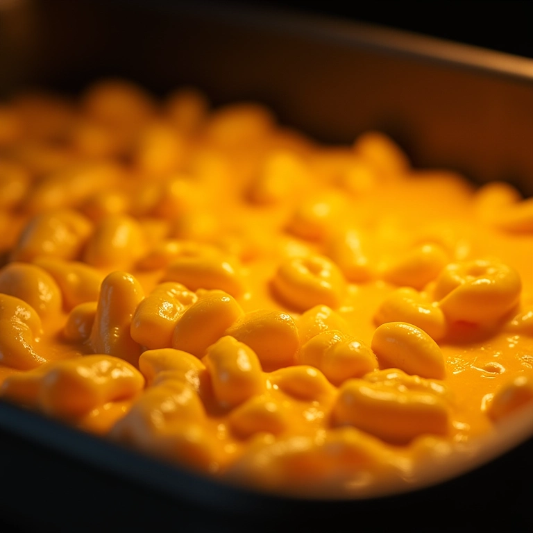 Macarrão com queijo sendo gratinado no forno.