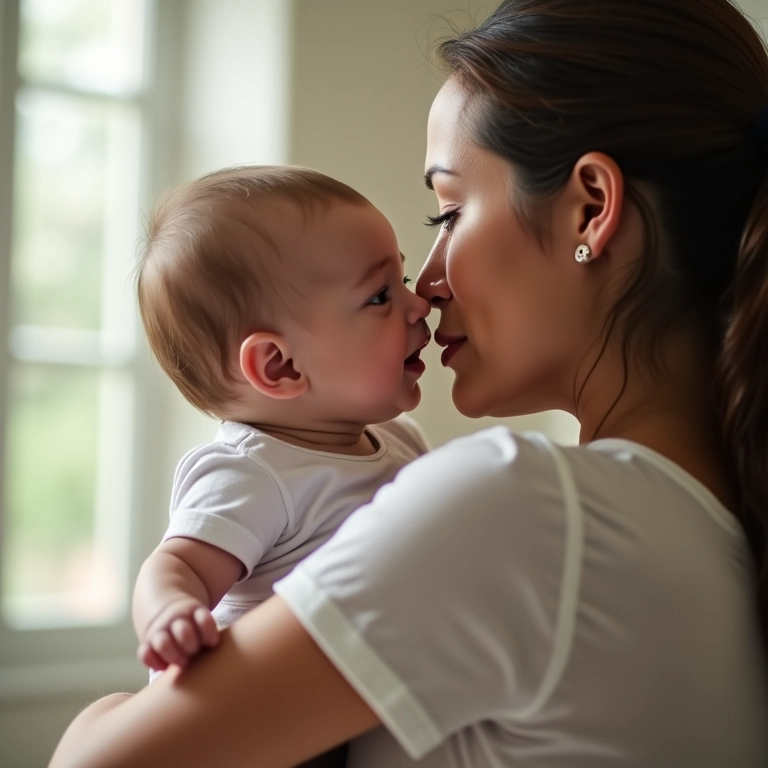 Mãe segurando bebê em pé após amamentação, aliviando refluxo.