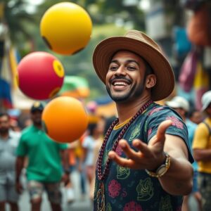 Malabarista Pode Ser MEI Para Festas e Circo Malabarista sorrindo se apresentando em um carnaval brasileiro, mostrando alegria e habilidade.