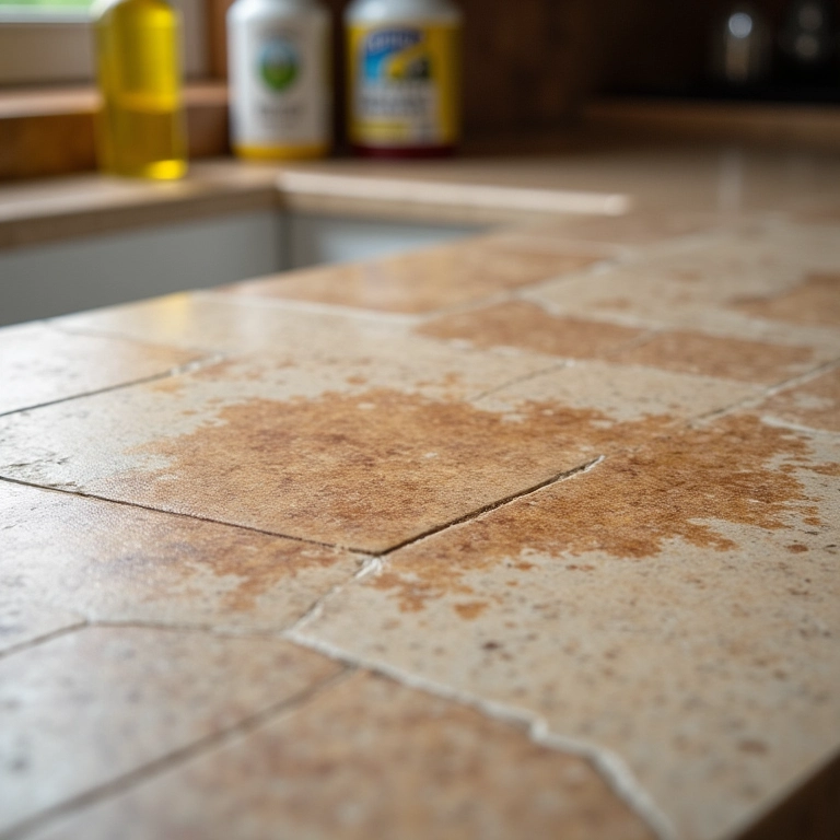 Mancha escura em bancada de travertino, foco na mancha e produtos de limpeza próximos.