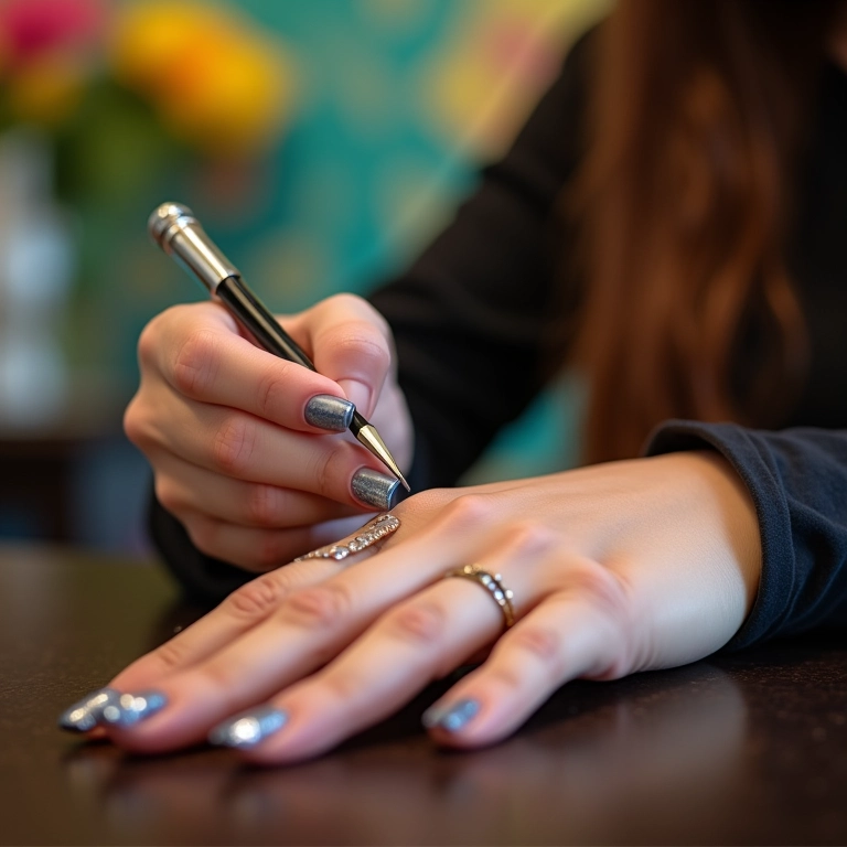 Manicure aplicando joia em unha com foco na mão.