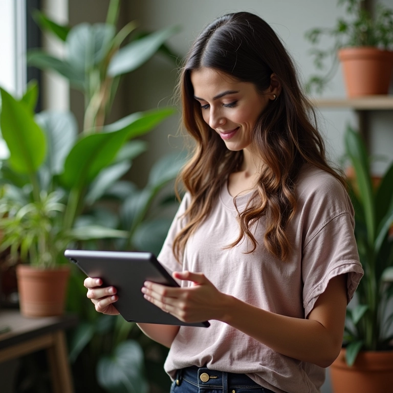 Manicure controlando as finanças em tablet.
