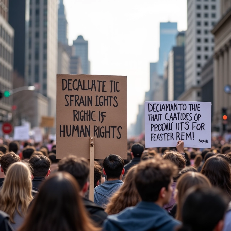 Manifestação moderna pelos direitos humanos inspirada na Revolução Francesa.