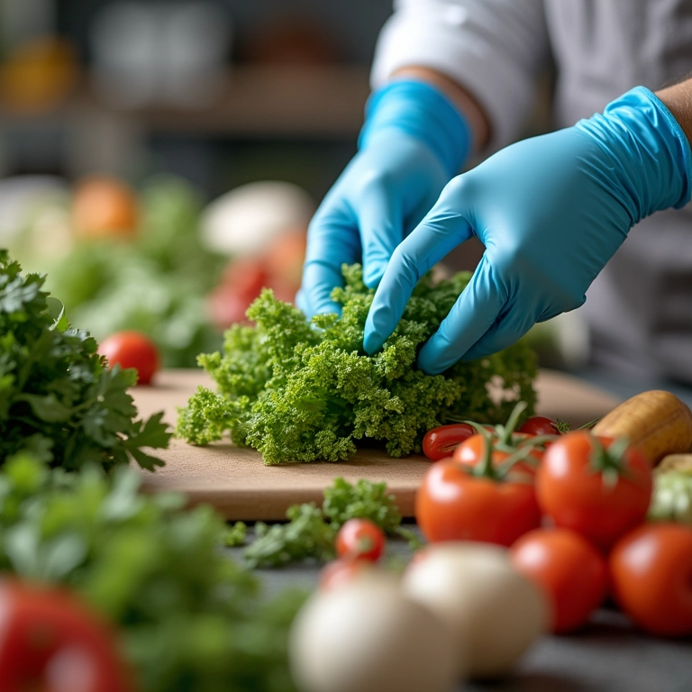 Manipulador de alimentos com luvas preparando salada com ingredientes frescos.