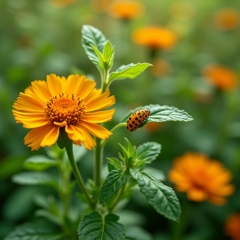 Manjericão e calêndula repelindo pulgões em horta.