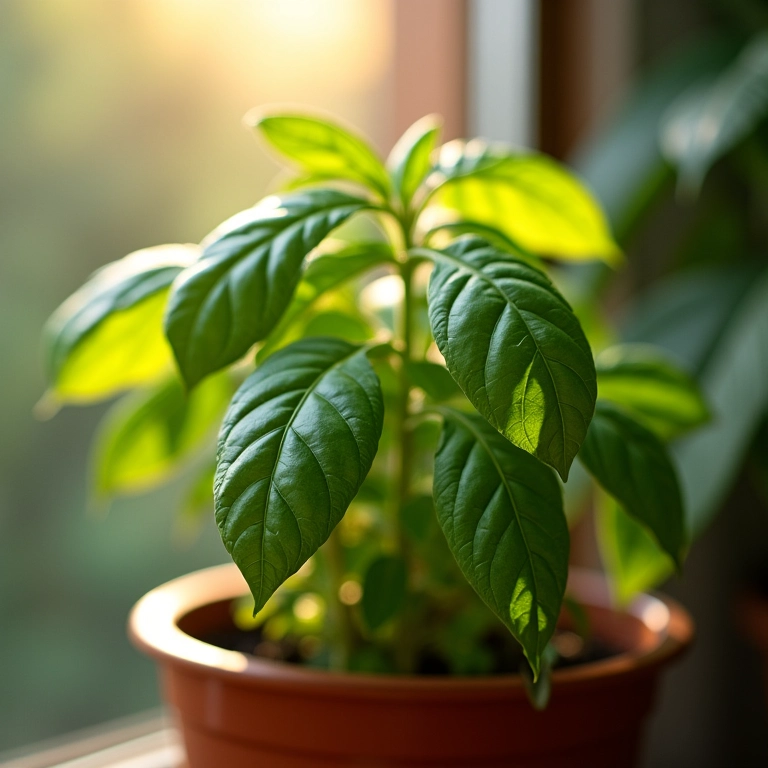 Manjericão exuberante em horta de apartamento ensolarada.