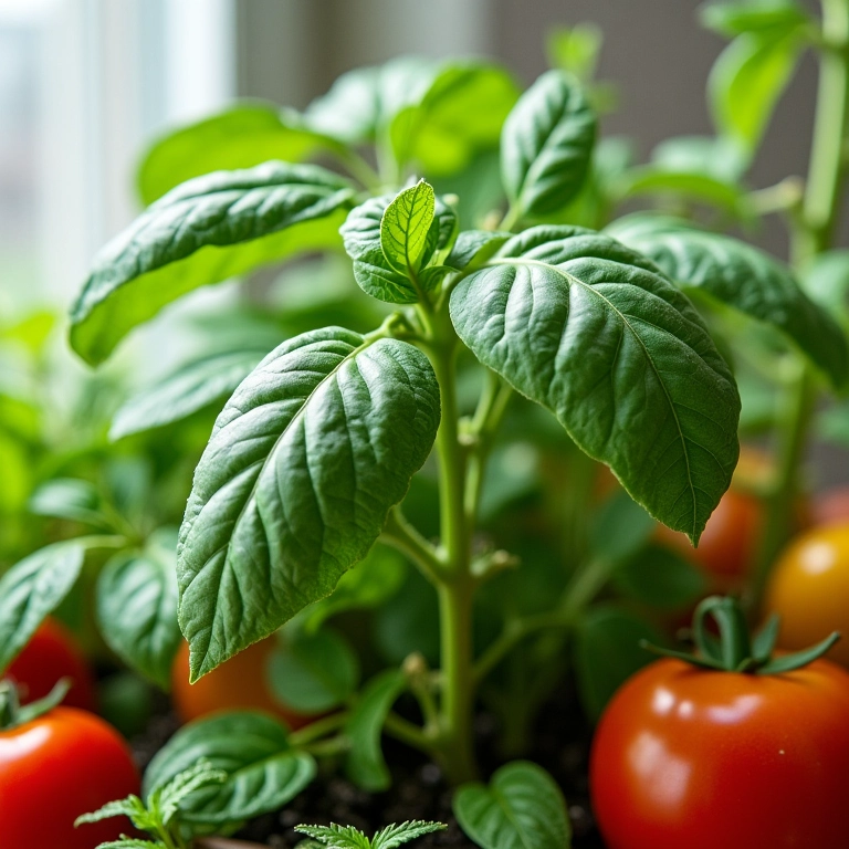 Manjericão, hortelã e tomates crescendo em horta urbana.