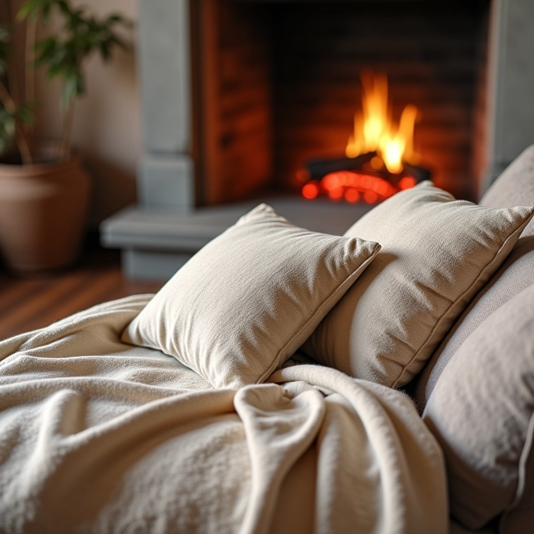 Mantas e almofadas macias sobre o sofá perto da lareira.