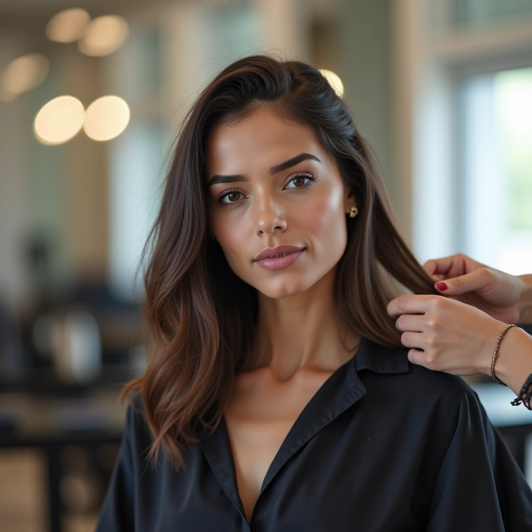 Manutenção do corte long bob no salão de beleza.
