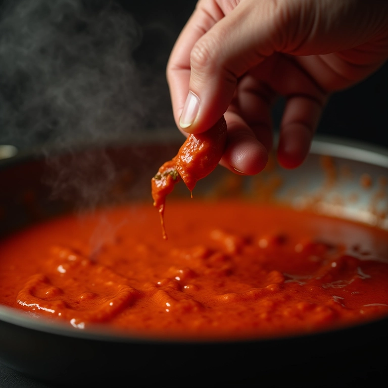 Mão adicionando ingrediente secreto ao molho de tomate.