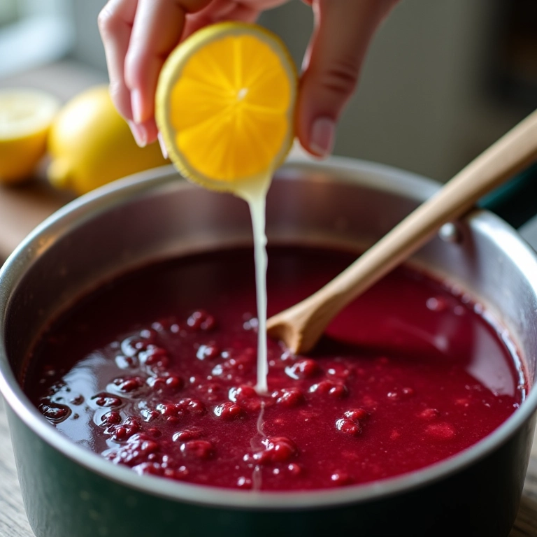 Mão adicionando suco de limão à geleia de frutas vermelhas em panela.
