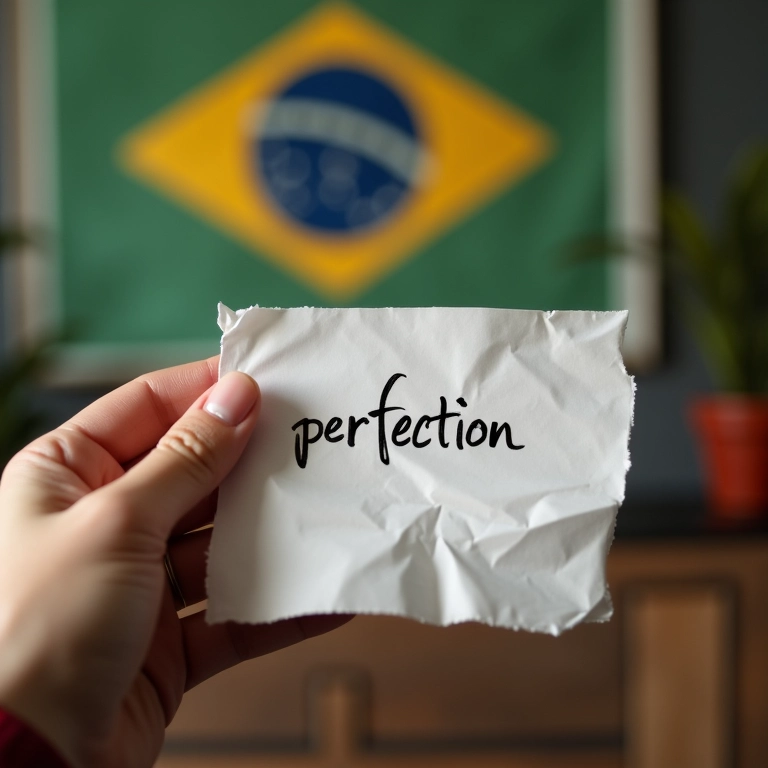Mão amassando papel com a palavra 'perfeição' em fundo com arte brasileira.